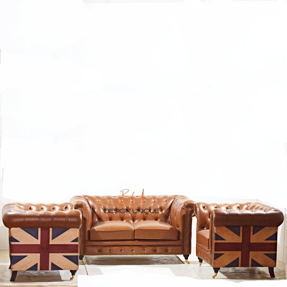 Chesterfield Leatherette Sofa Set with Union Flag Accents