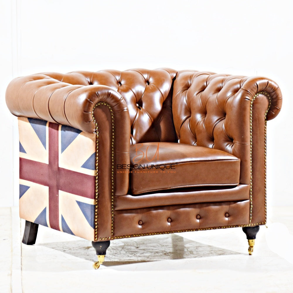 Chesterfield Leatherette Sofa Set with Union Flag Accents