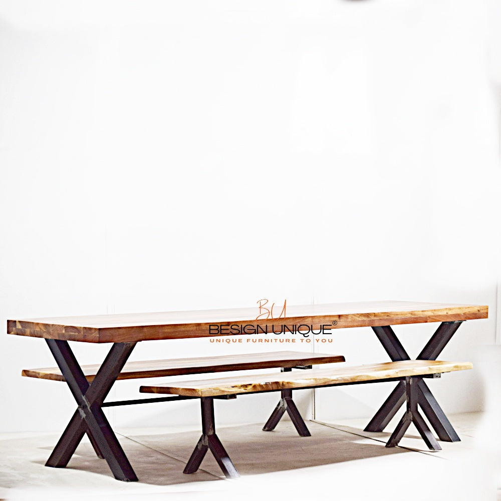 Industrial Charm: Solid Wood Folding Table Set with Iron Legs and Benches