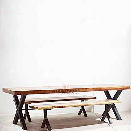 Industrial Charm: Solid Wood Folding Table Set with Iron Legs and Benches