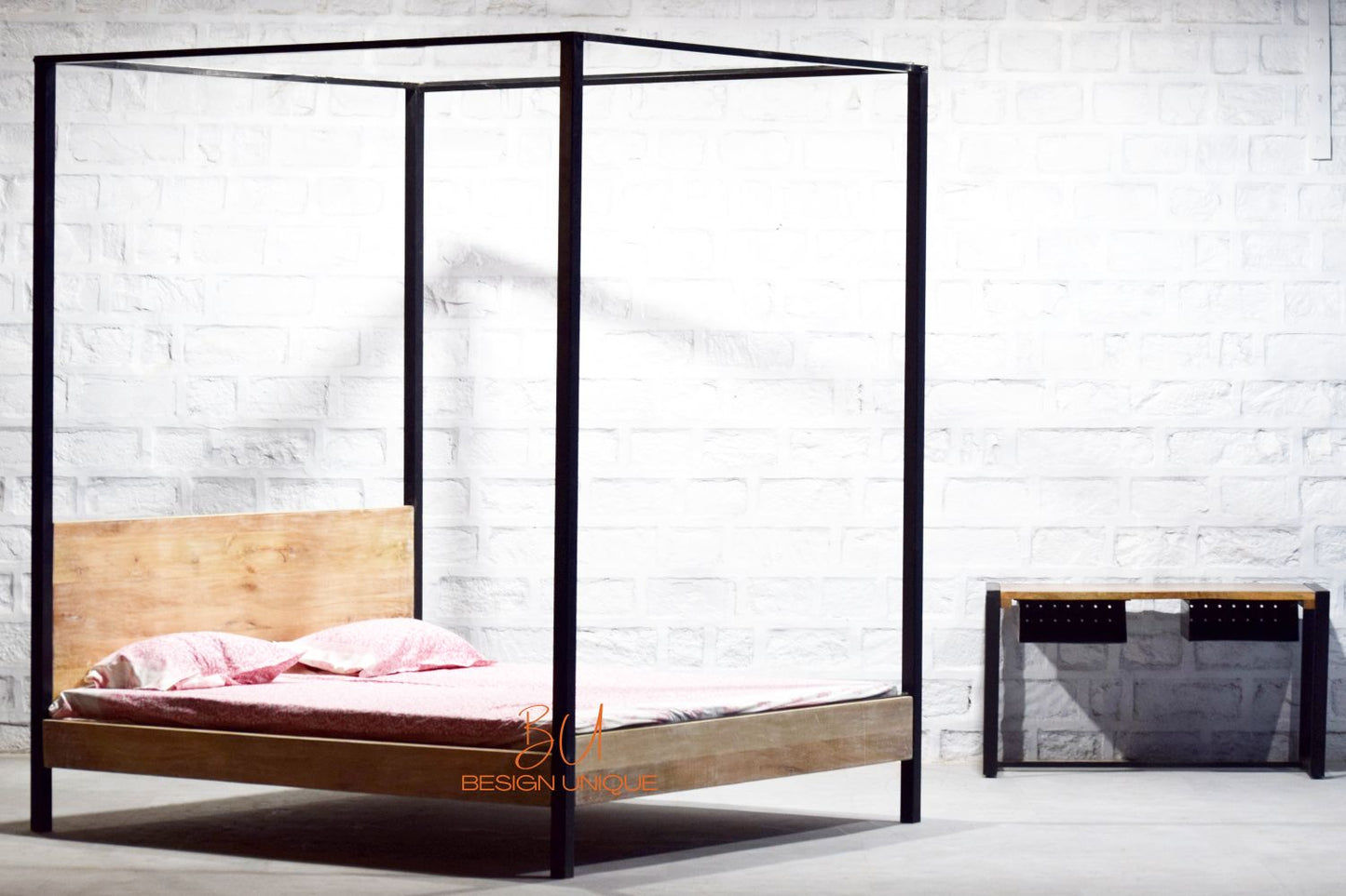 Industrial White Wash Four Poster Bed