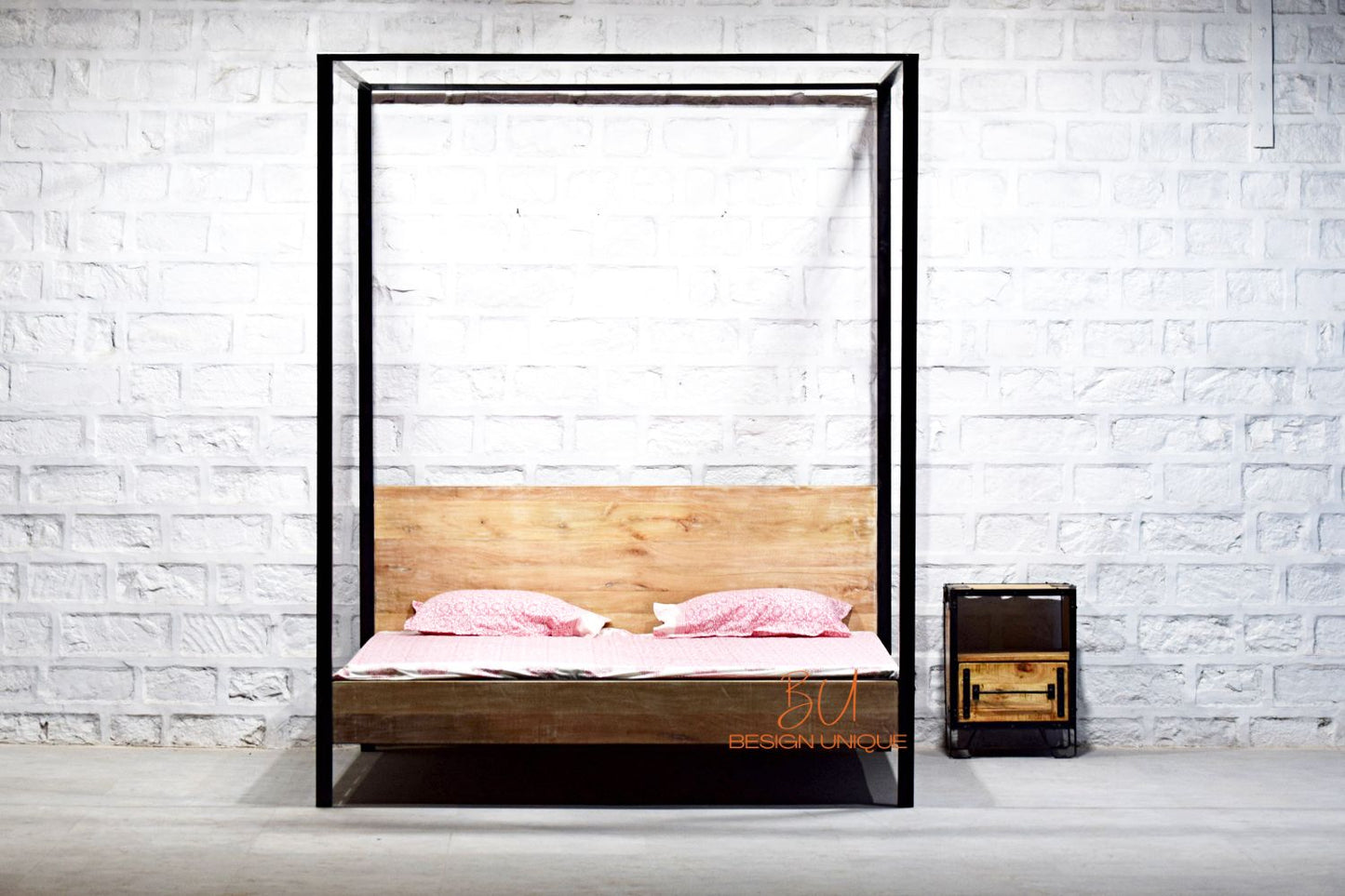 Industrial White Wash Four Poster Bed