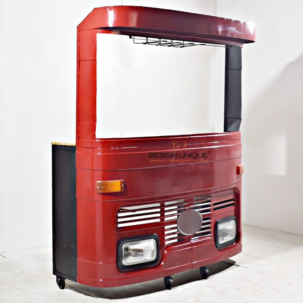 Indian Truck-Themed Home Bar Cabinet in Vibrant Red