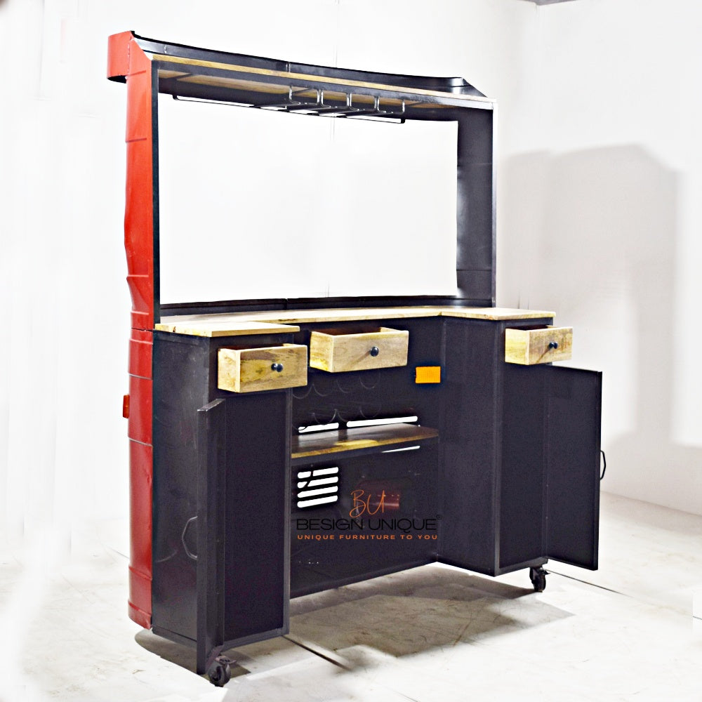 Indian Truck-Themed Home Bar Cabinet in Vibrant Red