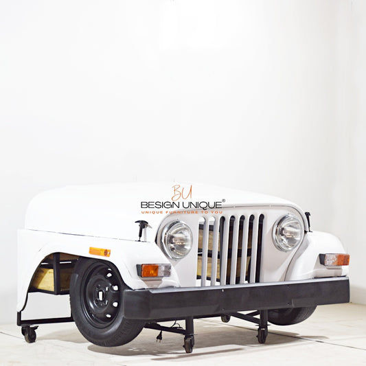Vintage Jeep Design Study Table with Wheels and Solid Wood Drawers
