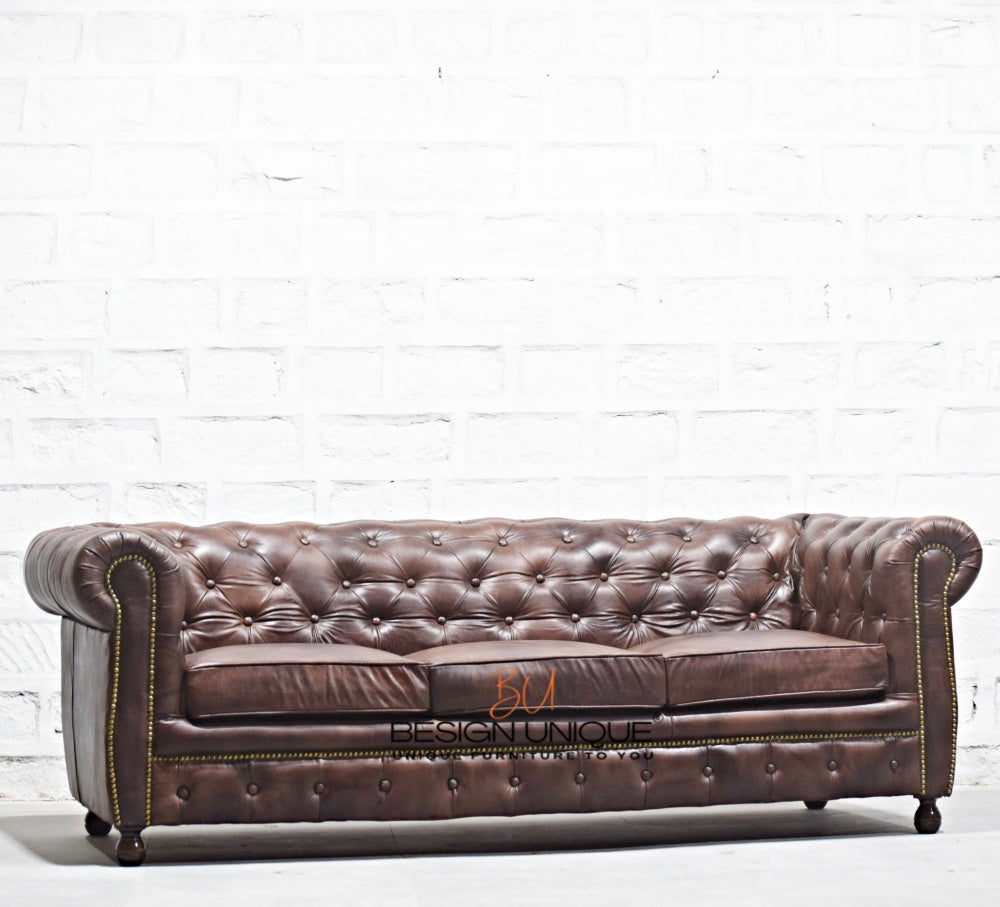 Real Buff Leather Three Seater Chesterfield Sofa