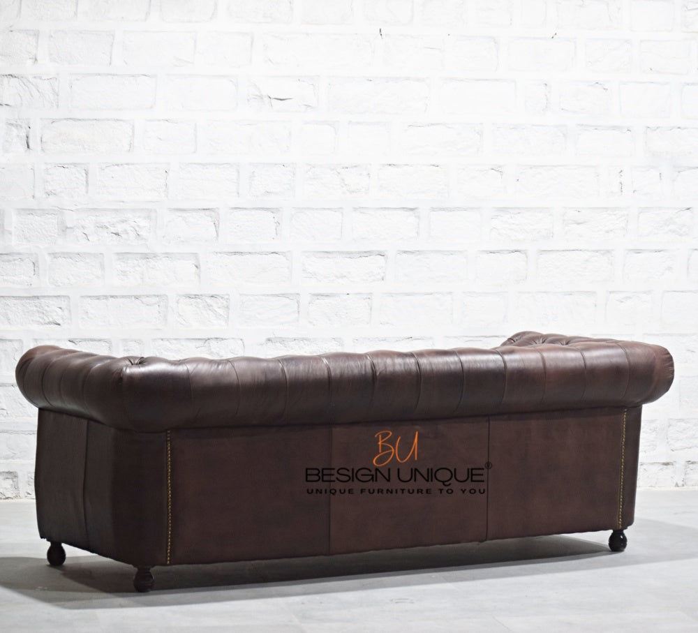 Real Buff Leather Three Seater Chesterfield Sofa