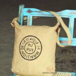 Beige canvas sling bag with vintage stamp print, handcrafted Rajasthan, BU165
