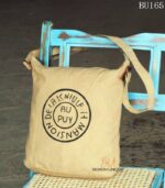 Beige canvas sling bag with vintage stamp print, handcrafted Rajasthan, BU165