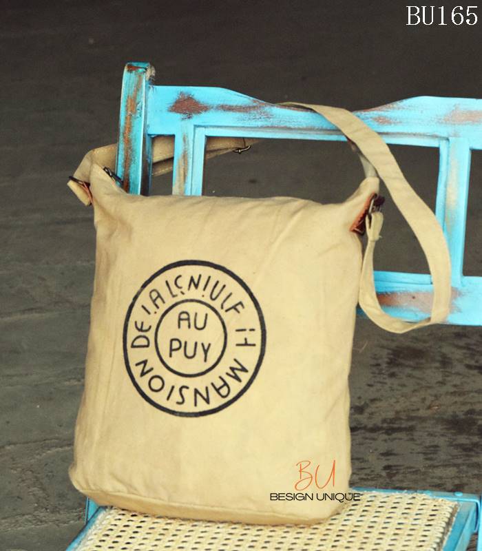 Beige canvas sling bag with vintage stamp print, handcrafted Rajasthan, BU165 (3) Beige canvas sling bag with vintage stamp print, handcrafted Rajasthan, BU165