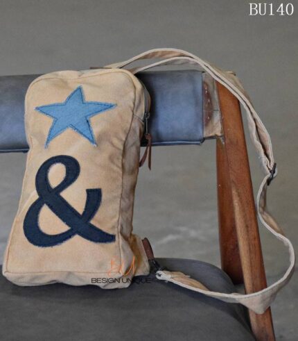 Beige canvas sling pouch bag with star and ampersand appliqué, handcrafted Rajasthan, BU140
