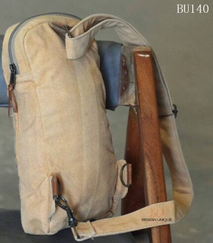 Beige canvas sling pouch bag with star and ampersand appliqué, handcrafted Rajasthan, BU140