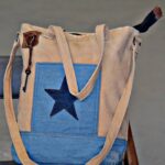 Beige canvas tote bag with denim star panel and key charm, handcrafted Rajasthan, BU138