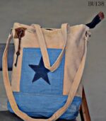 Beige canvas tote bag with denim star panel and key charm, handcrafted Rajasthan, BU138