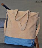 Beige canvas tote bag with denim star panel and key charm, handcrafted Rajasthan, BU138