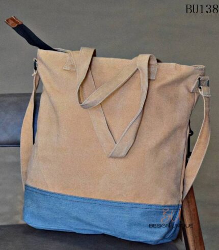 Beige canvas tote bag with denim star panel and key charm, handcrafted Rajasthan, BU138