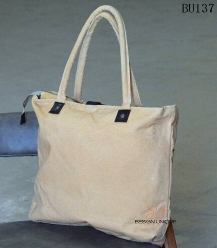 Beige canvas tote bag with leather heart and key appliqué, handcrafted Rajasthan, BU137