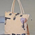 Beige canvas tote bag with leather heart and key appliqué, handcrafted Rajasthan, BU137