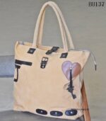 Beige canvas tote bag with leather heart and key appliqué, handcrafted Rajasthan, BU137