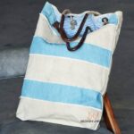 Blue and white striped canvas beach tote bag with rope drawstring, handcrafted Rajasthan, BU170