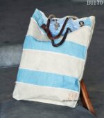 Blue and white striped canvas beach tote bag with rope drawstring, handcrafted Rajasthan, BU170