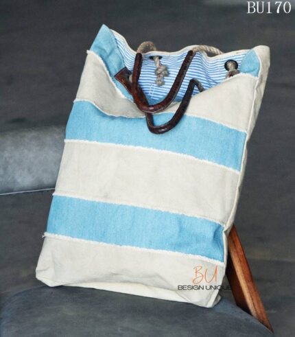 Blue and white striped canvas beach tote bag with rope drawstring, handcrafted Rajasthan, BU170