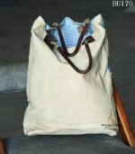 Blue and white striped canvas beach tote bag with rope drawstring, handcrafted Rajasthan, BU170