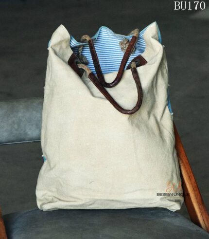 Blue and white striped canvas beach tote bag with rope drawstring, handcrafted Rajasthan, BU170