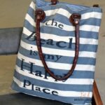 Blue and white striped canvas tote bag with printed slogan and leather handles, handcrafted Rajasthan, BU139