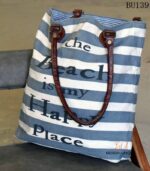 Blue and white striped canvas tote bag with printed slogan and leather handles, handcrafted Rajasthan, BU139