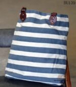 Blue and white striped canvas tote bag with printed slogan and leather handles, handcrafted Rajasthan, BU139