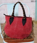 Boho fringe fabric handbag with leather lace detail, handcrafted Rajasthan, BU115