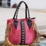 Boho fringe fabric handbag with leather lace detail, handcrafted Rajasthan, BU115