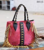 Boho fringe fabric handbag with leather lace detail, handcrafted Rajasthan, BU115