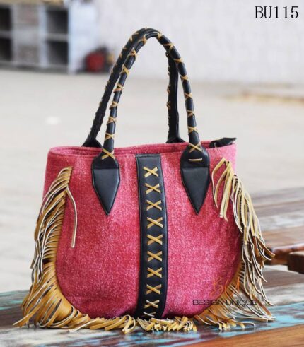 Boho fringe fabric handbag with leather lace detail, handcrafted Rajasthan, BU115