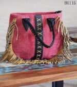 Boho fringe fabric handbag with leather lace detail, handcrafted Rajasthan, BU115