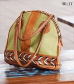 Colorblock fabric and leather round duffle bag with lace-up detail, handcrafted Rajasthan, BU117