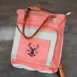 Coral pink canvas tote bag with leather handles, handcrafted Rajasthan, BU169