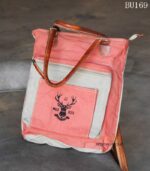 Coral pink canvas tote bag with leather handles, handcrafted Rajasthan, BU169