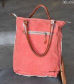 Coral pink canvas tote bag with leather handles, handcrafted Rajasthan, BU169
