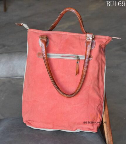 Coral pink canvas tote bag with leather handles, handcrafted Rajasthan, BU169