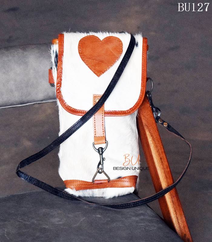 Cowhide leather mobile sling bag with heart appliqué, handcrafted Rajasthan, BU127 (2) Cowhide leather mobile sling bag with heart appliqué, handcrafted Rajasthan, BU127