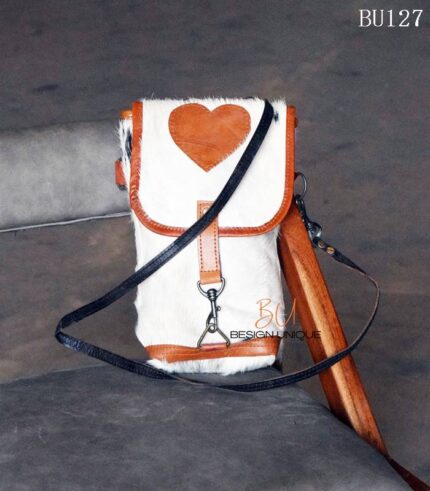Cowhide leather mobile sling bag with heart appliqué, handcrafted Rajasthan, BU127