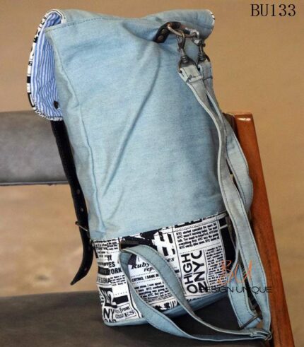 Denim canvas backpack with newspaper print panel and leather straps, handcrafted Rajasthan, BU134