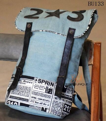 Denim canvas backpack with newspaper print panel and leather straps, handcrafted Rajasthan, BU134
