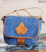 Denim fabric sling bag with tan leather trim and leaf appliqué, handcrafted Rajasthan, BU114