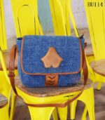 Denim fabric sling bag with tan leather trim and leaf appliqué, handcrafted Rajasthan, BU114