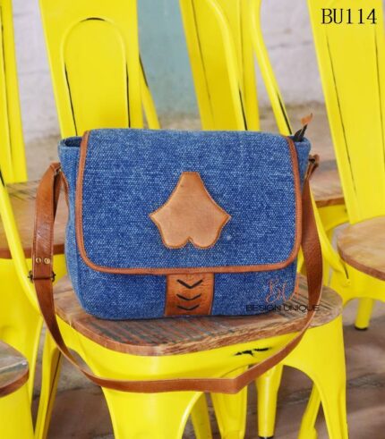 Denim fabric sling bag with tan leather trim and leaf appliqué, handcrafted Rajasthan, BU114