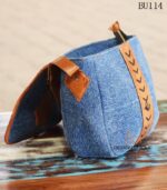 Denim fabric sling bag with tan leather trim and leaf appliqué, handcrafted Rajasthan, BU114