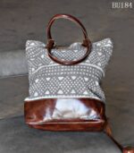 Grey and cream block-print canvas tote bag with leather base, handcrafted Rajasthan, BU184